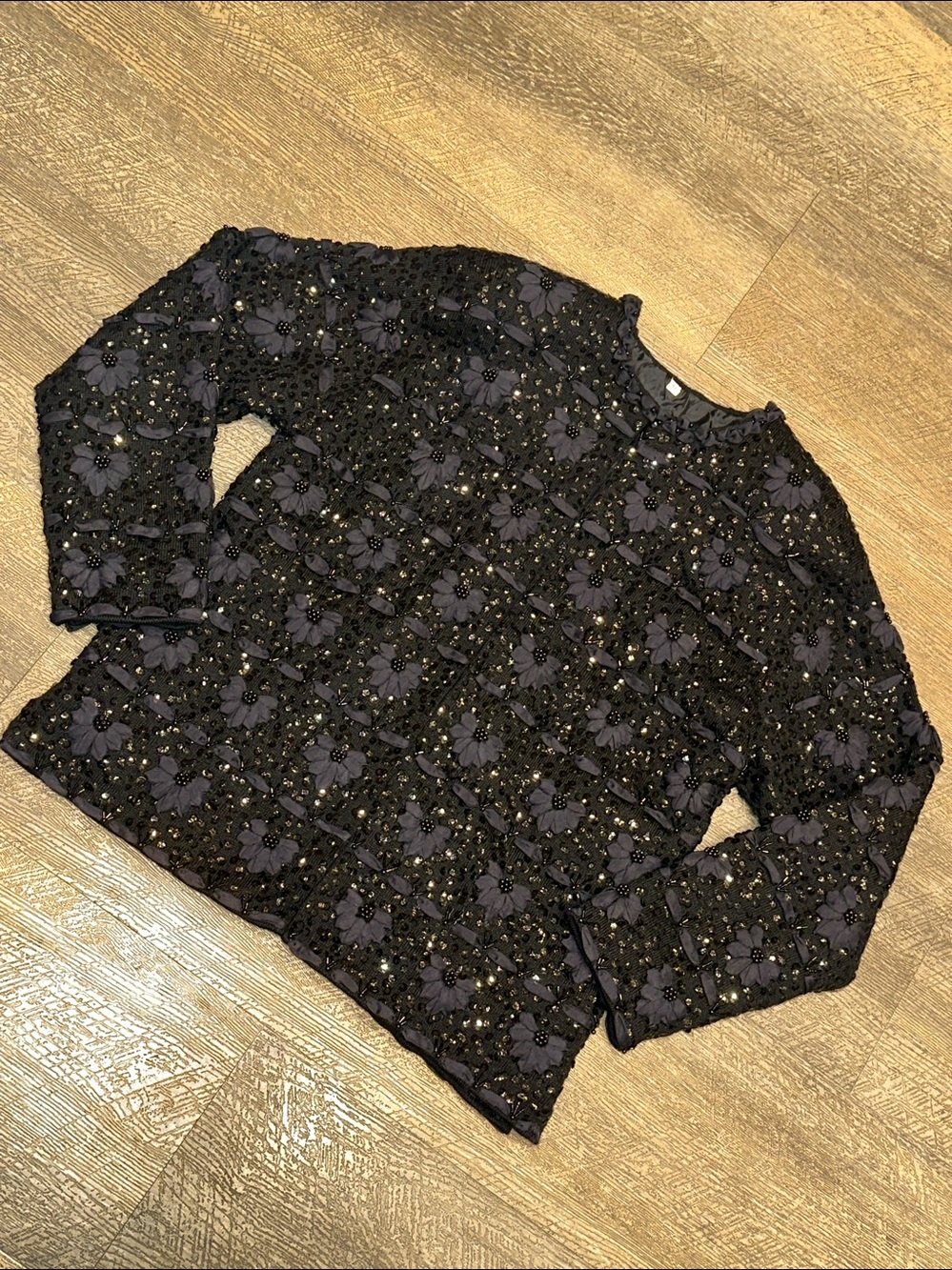 Glam Black Lambswool Blend Evening Jacket with Floral Sequins Lace & Beads Sz L
